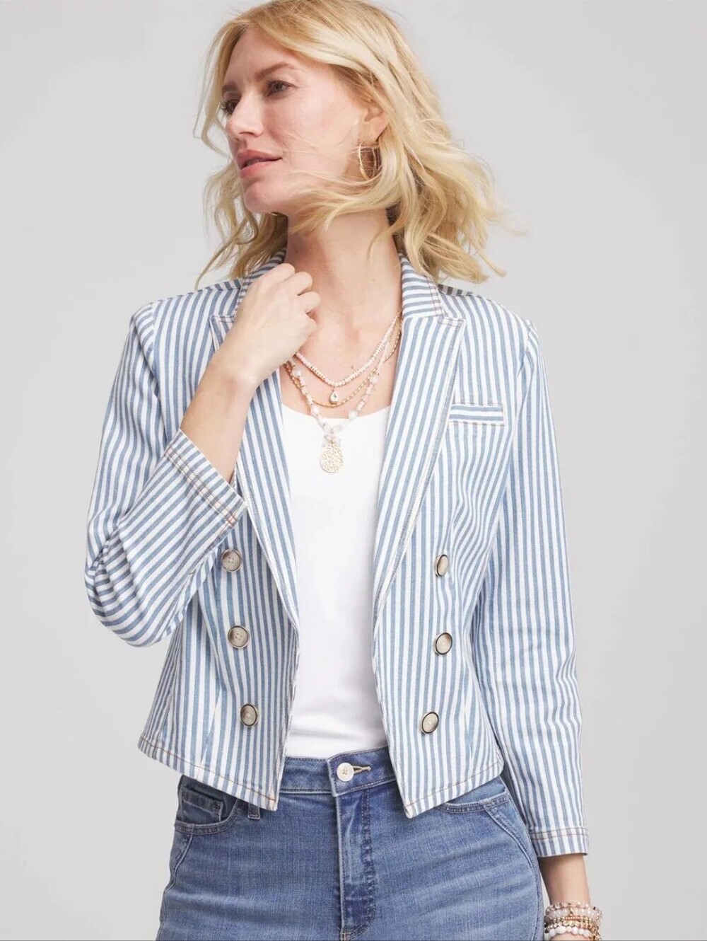 Chico's NWT Mercado Stripe Denim Blazer Nautical Blue White 3/16